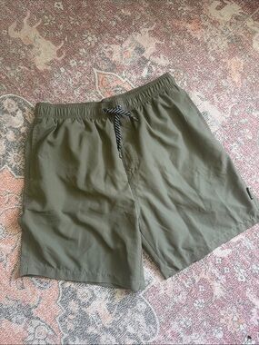 Men's Olive Swim Trunks with Stripe Drawstring